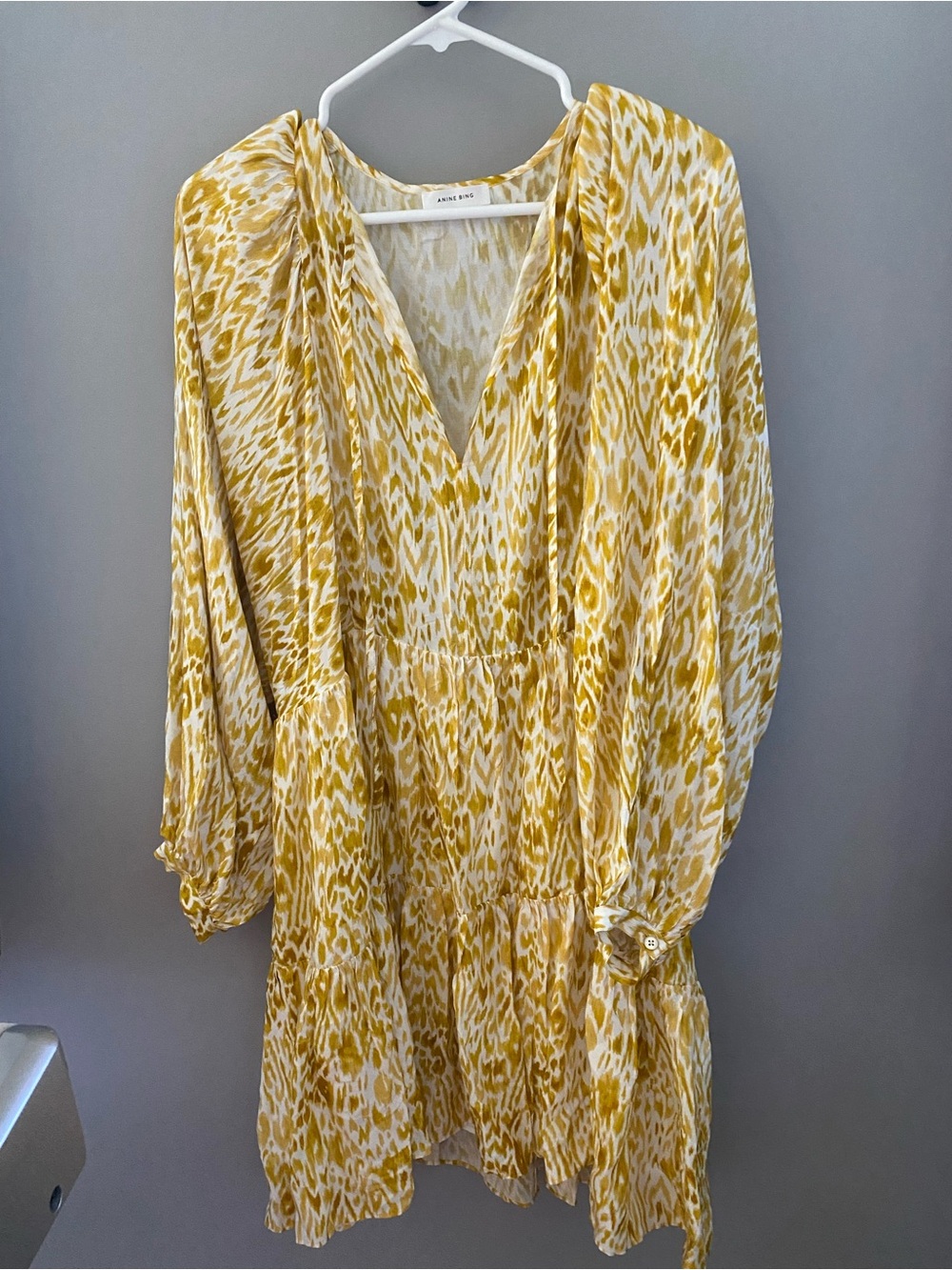 Anine Bing Mustard & White Ikat V-Neck Tiered Long Sleeve Dress